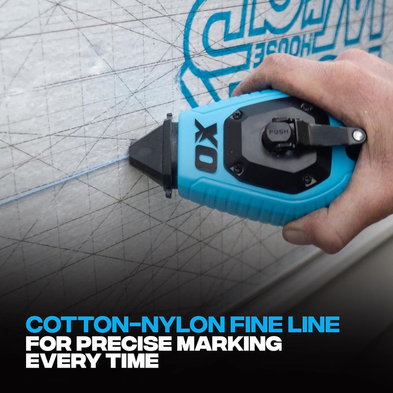 Ox Pro 100ft Contractor Chalk Line with Blue Chalk Powder 4oz - Quick-Wind Cotton Nylon Basic Bold Line Marking Tool in Pointed Tip ABS Plastic - 3:1 Gear Ratio Chalk Reel Tool -T630601 - Image 3